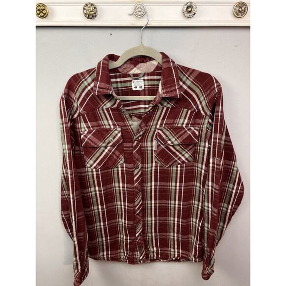 Columbia Omni Wick Shirt Flannel Mens Size Small Burgundy Button Up Plaid Pocket